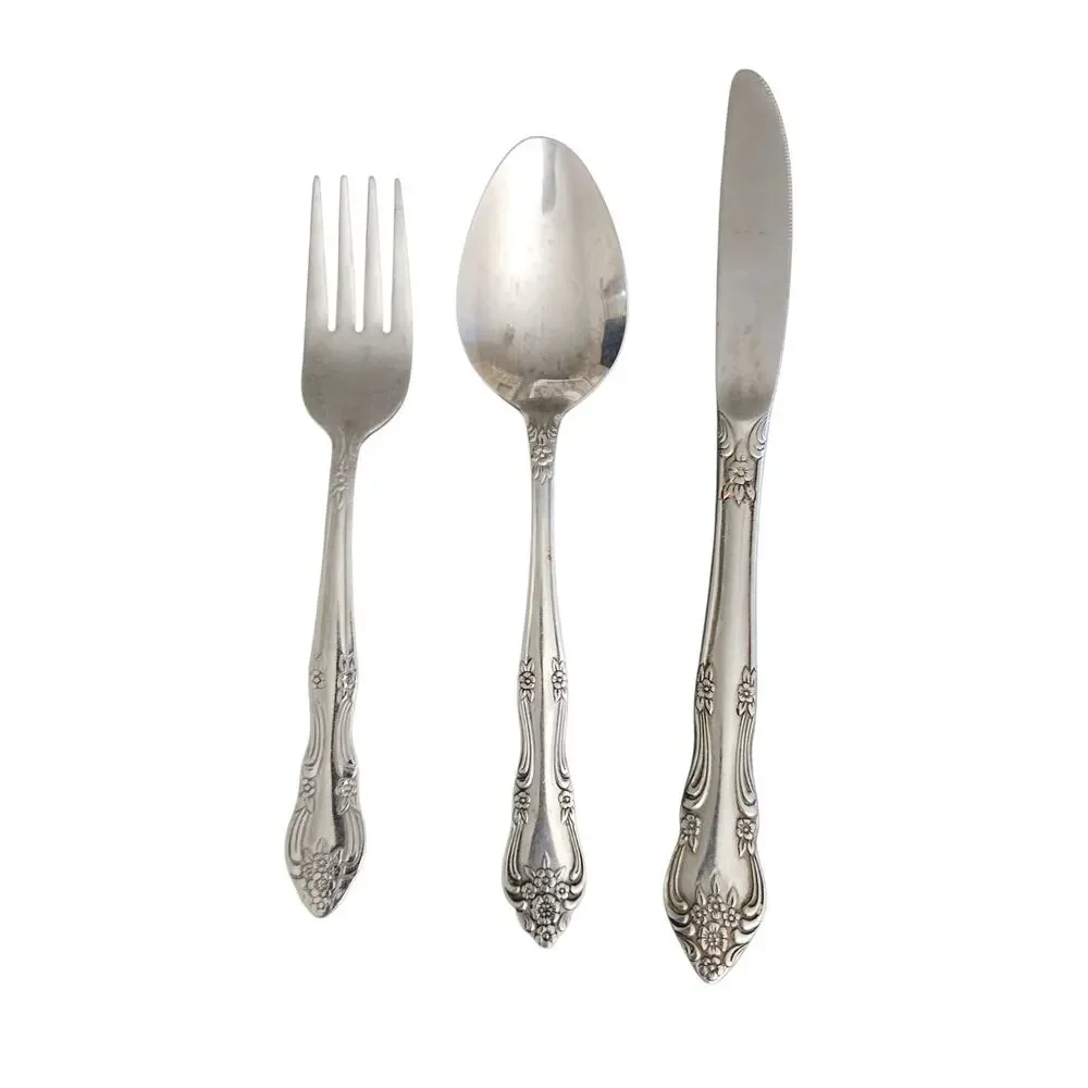 WM Rogers Dream Rose Stainless Flatware 3 Pc Set Fork Spoon Knife Korea Vintage